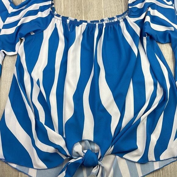 Blue & White Striped Off the Shoulder 3/4 Flare Sleeve Tie Knot Blouse.  2XL - Picture 5 of 11